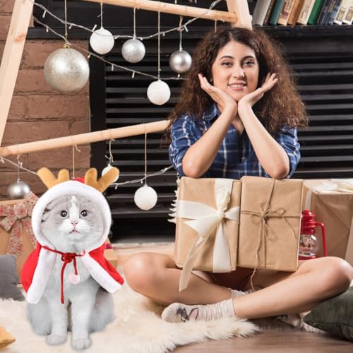 HASTHIP® Christmas Hat & Scarf, Chrismat Cat Clothes for Cat Warm Cloak, Dress Up Costume Chrismat Red Elk Cloak Adjustable Drawstring Hat for Photogaphy Prop Christmas Party - Neck 46CM