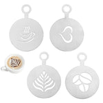 HASTHIP® 4 Pcs Coffee Stencils Latte Art Set, Stainless Steel Barista Cappuccino Templates, Reusable Coffee Decorating Molds for Cake, Cookies, Hot Chocolate and Home Café Use - Silver