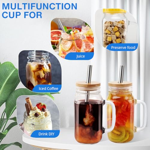 HASTHIP® 4Pcs 16oz Mason Jar Glass Cups with Handle, Lids & Straws, Cold Brew Iced Coffee, Tea, Smoothie, Juice Drinking Glasses for Home & Outdoor