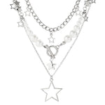 HASTHIP® Necklace for Women Cute Star Pendant Trio Layered Chain Necklace Pearl Choker Necklace Vintage Y2K Necklace Aesthetic Jewellery Birthday Gift for Women, Girls, Sister
