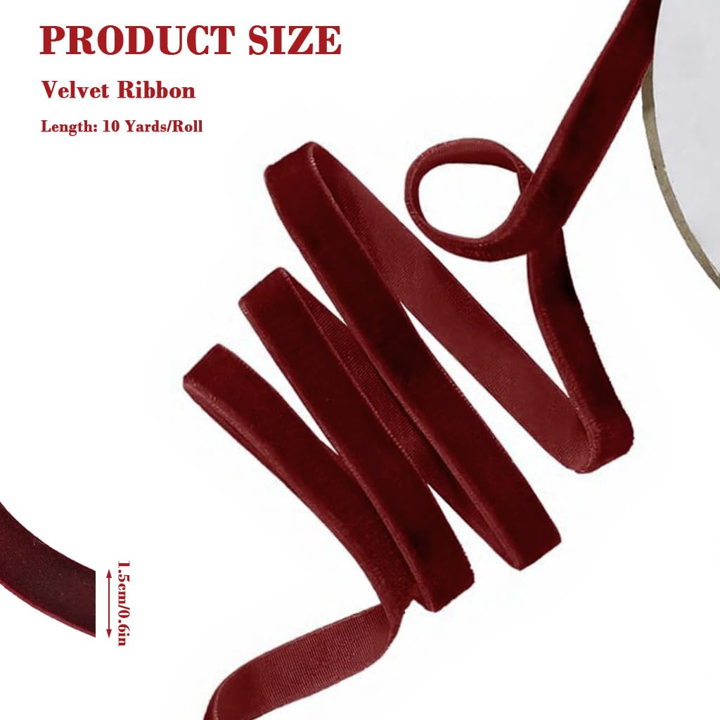 HASTHIP Red Velvet Ribbon Roll for Gift Wrapping and DIY Crafts featuring 10 Yards Length | 1.5 cm Wide Flocking Decorative Ribbon in Vibrant Red