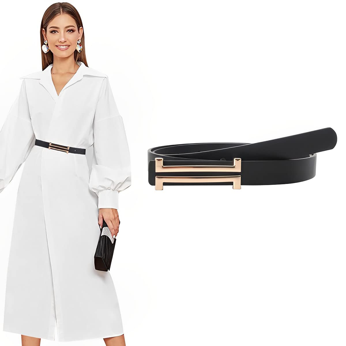 HASTHIP® Cinturón de cuero para mujer,cinturón delgado clásico de 3 piezas con hebilla metálica,cinturón moda para vestidos jeans y pantalones negro elegante