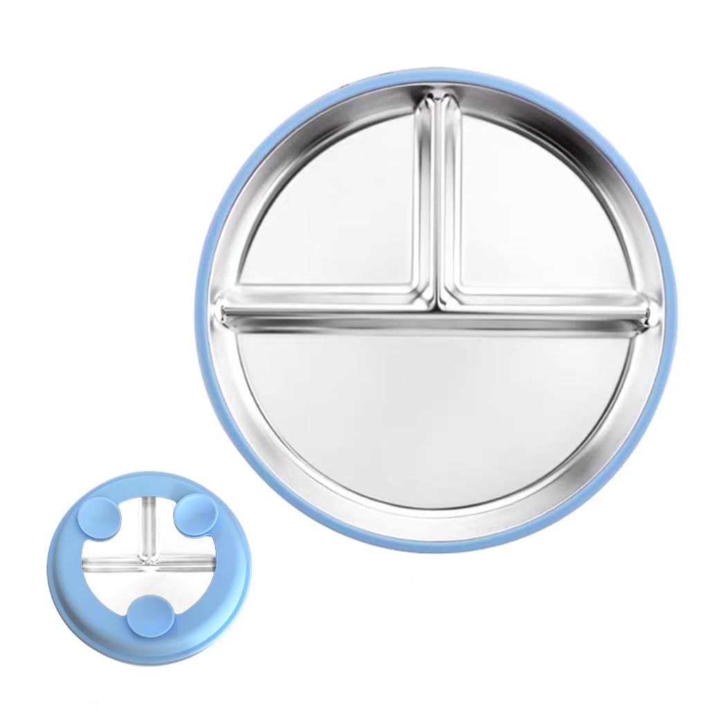 HASTHIP Kids Food Plate for Toddler Self Feeding with Suction Cups featuring 9 in 3 Compartment Stainless Steel Design