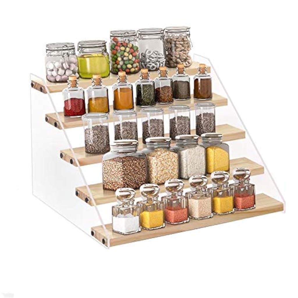 HASTHIP® 5-Tier Wooden Kitchen Organizer Rack with Solid Wood Steps, Space-Saving Kitchen Stand Organiser for Spice Jars, Bottles, Pantry, Stand for Kitchen Storage Rack