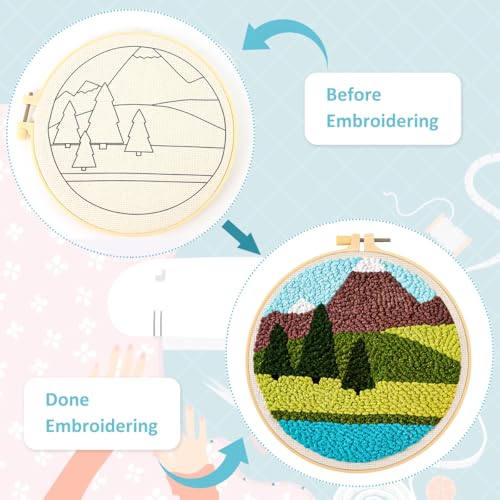 HASTHIP® DIY Tufting Art Kit 20x20CM Punch Needle Embroidery Kit for Beginners,Forest Animal Design,Complete Craft Set with Hoop Embroidery Needles Yarn Easy Needlepoint Starter Gift for Kids & Adults