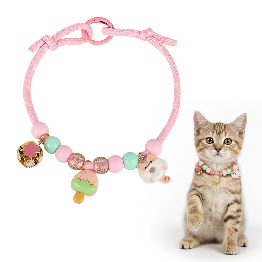 HASTHIP® Fashion Pet Collar for Small Dogs and Cats, Adjustable Beaded Necklace with Cute Cartoon Pendant, Soft Comfortable Collar for Pet Outdoor Walking, Holiday Party, Everyday Wear - Pink