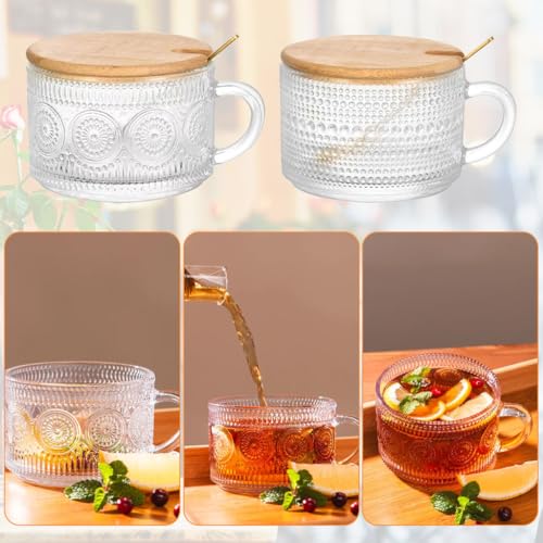 HASTHIP® 4Pcs Glass Coffee Mugs Gift Set with Wooden Lids & Spoons, 450ml Embossed Short Drinking Cups for Tea, Juice, Iced Coffee, Water, Home & Kitchen