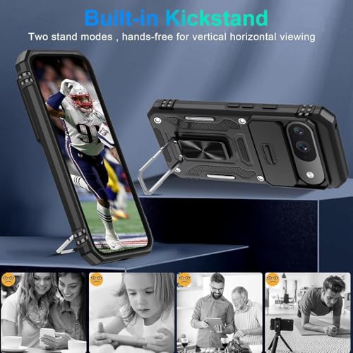 HASTHIP® Magnetic Phone Case for Google Pixel 9 & 9 Pro with Sliding Camera Shield & Stereoscopic Full Body Heavy Duty Rugged Shockproof Protective Phone Cover Holder Hard Cover Case Kickstand Ring