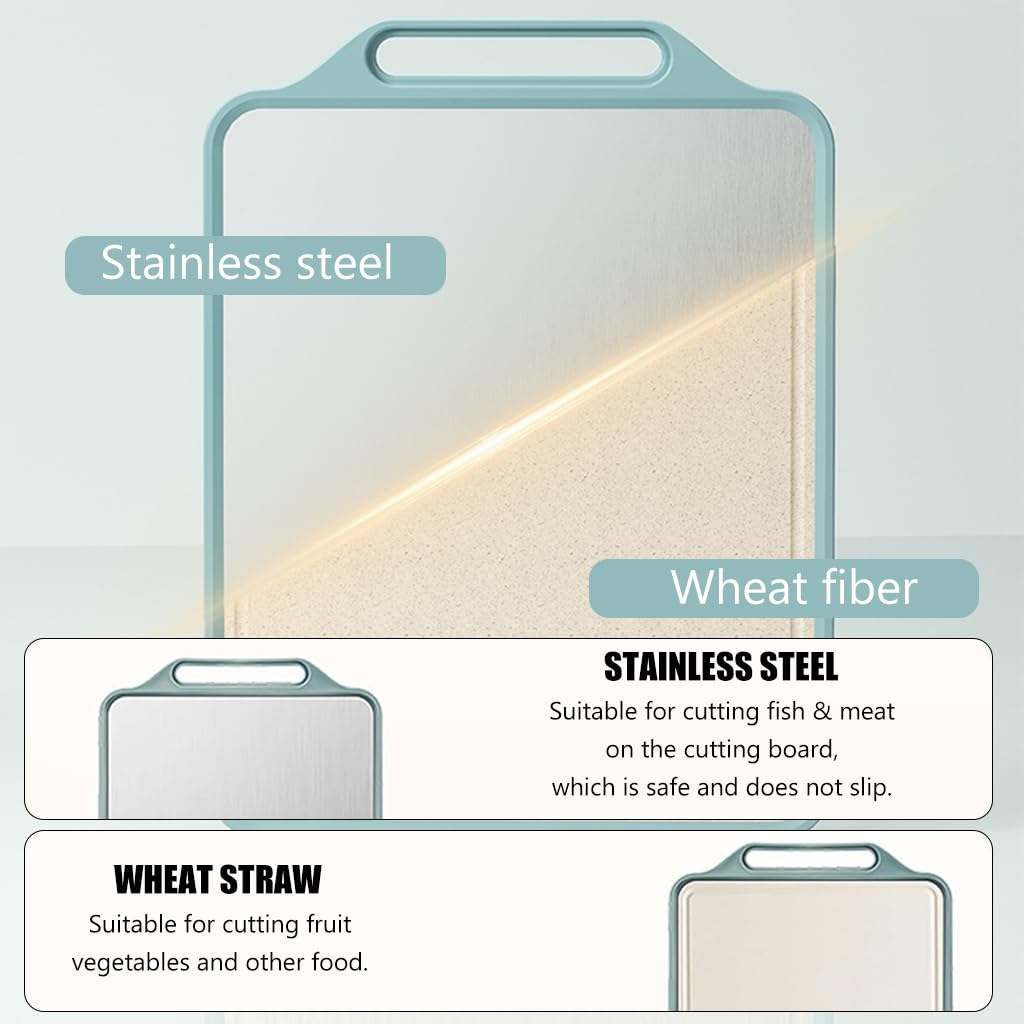 HASTHIP® Double-Sided Cutting Board - Stainless Steel Cutting Board & Wheat Straw Chopping Board for Meat Fruit Veggies,
