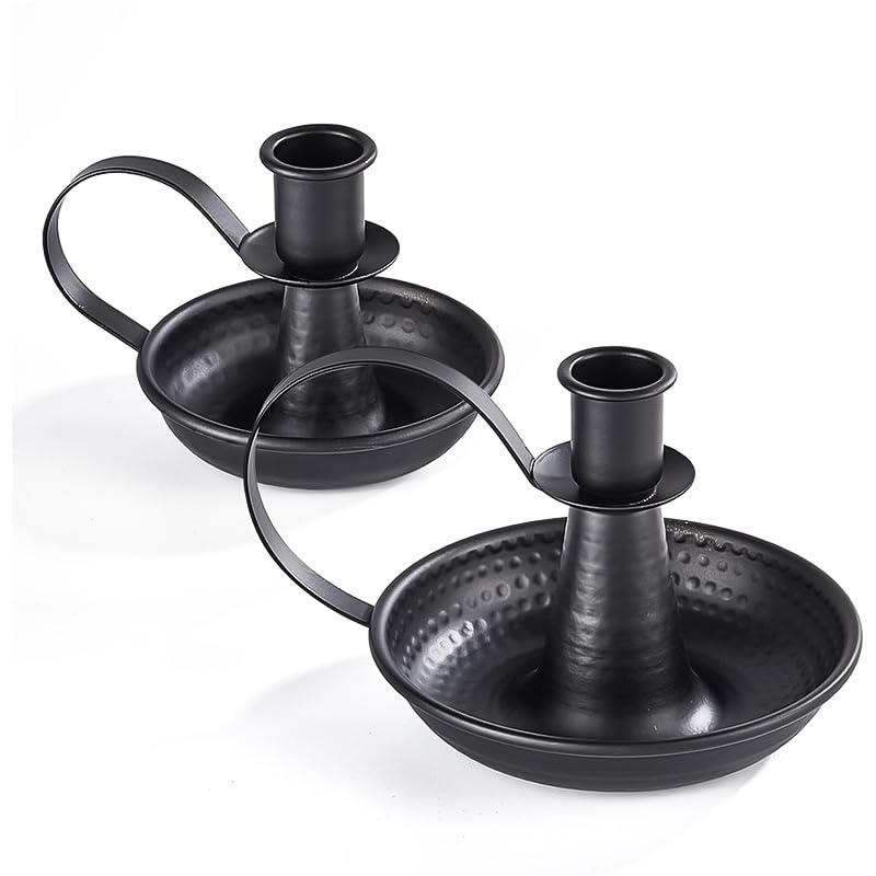 HASTHIP Candle Holder Stand for Dining Table Decor with Wax Drip Tray & Handle | Vintage Black Iron Tealight Set of 2