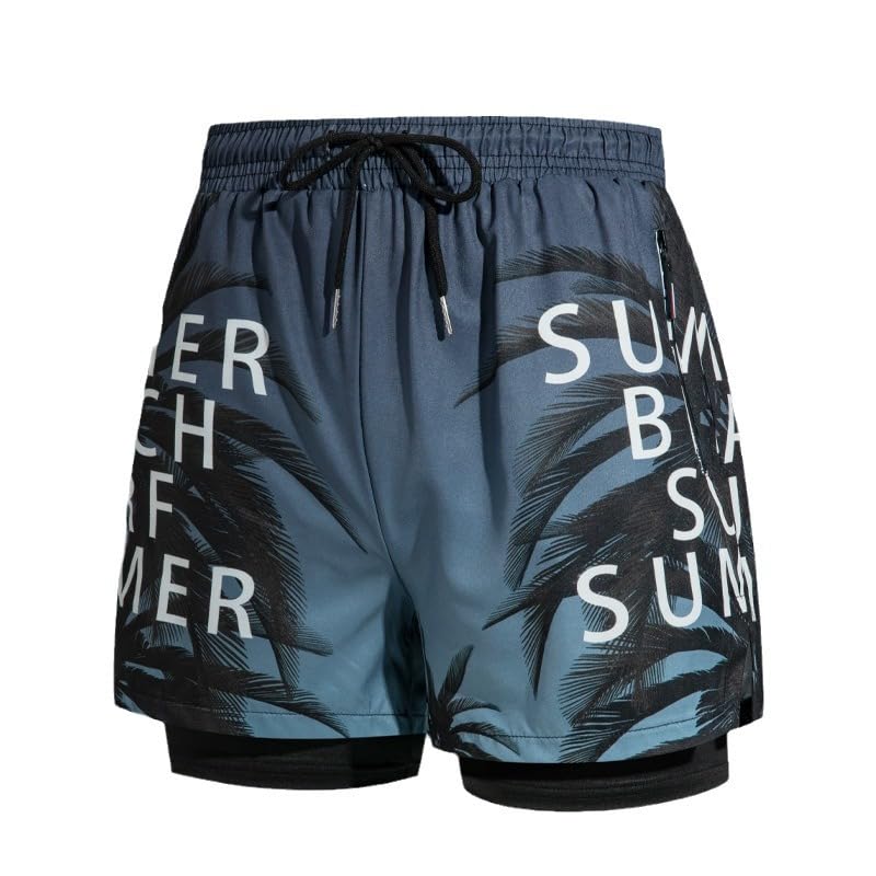 HASTHIP® Bañador para Hombre, Pantalones Cortos de Playa con Bolsillos, Secado Rápido, Capa Doble, Ropa Deportiva de Verano, Pantalones Estampados para Natación, Running y Actividades al Air