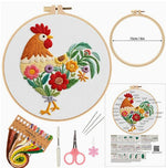 HASTHIP® Floral Rooster Embroidery Starter Kit 7.9 Inch Beginner DIY Hand Embroidery Set with Pre Printed Pattern, Embroidery Hoop Threads Needles and Tools for Wall Art and Craft Gift