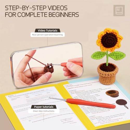 HASTHIP® NAWOKEENY Crochet Kit for Beginners,DIY Crochet Art Material Kit with 6Pcs Mini Flower Pots,Yarn Hooks & Accessories Starter Friendly Set for Adults/Kids Home Decor Gift Ideas