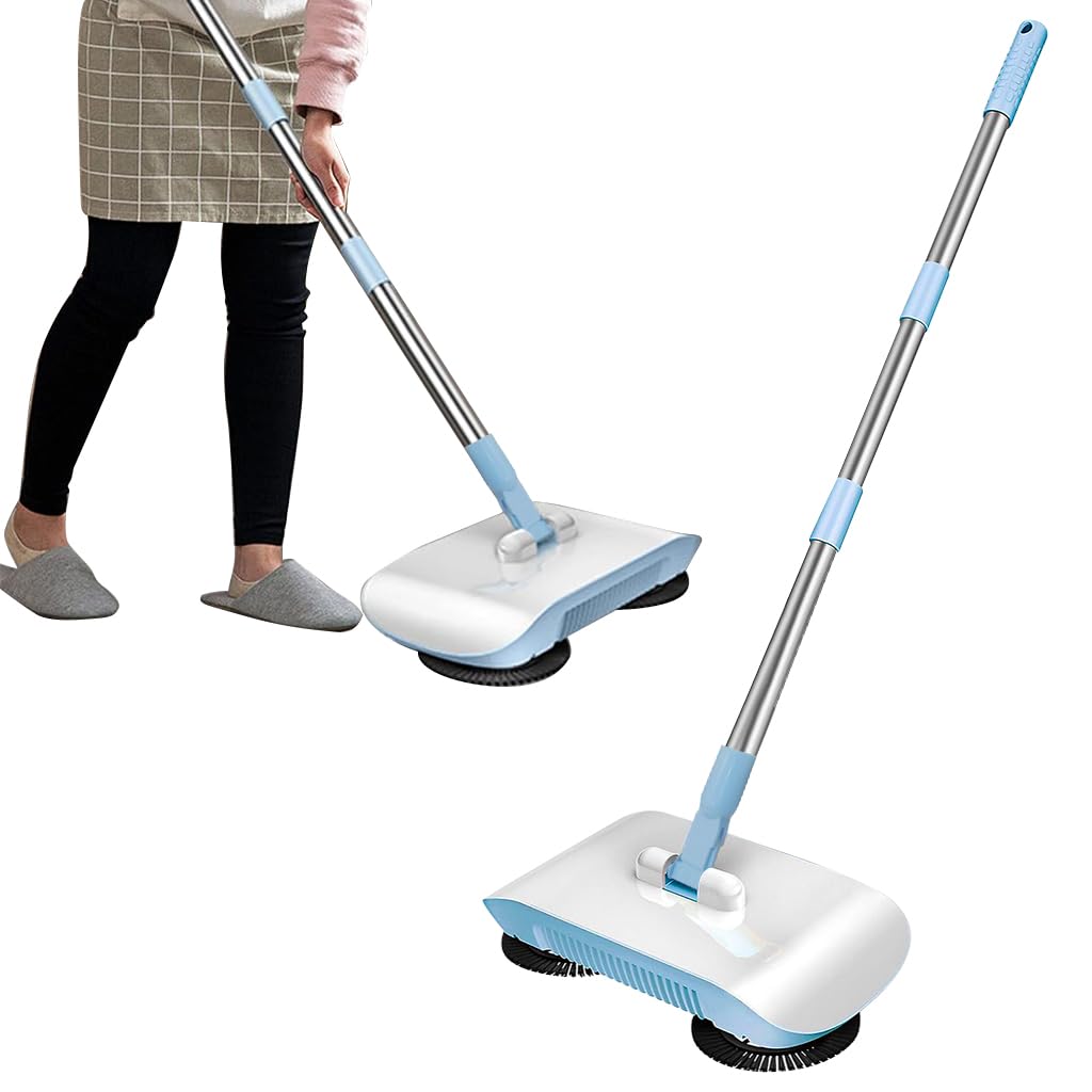 HASTHIP Manual Floor Sweeper and Mop for Carpet and Floor Cleaning with 180° Spiral Dual Brushes | Blue Non Electric Hand Push Vacuum
