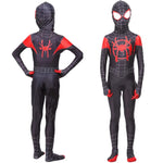 HASTHIP® Kids Spiderman Dress Suit Superhero Spider Man Costume 3D Lenses Black Spider Miles Morales, Silk-Feel Fabric Spider-Man Bodysuit Fancy Jumpsuit for Boys Girls Halloween Cosplay