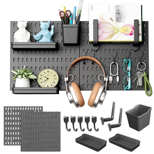 HASTHIP® DIY Assembly Pegboard Kit, 11.8'' Square Wall Pegboards Wall Organizer Pegboards with Storage Box & Shelf, Hooks, Space Saving Wall Pegboard Organizer for Tools, Gadget-Black