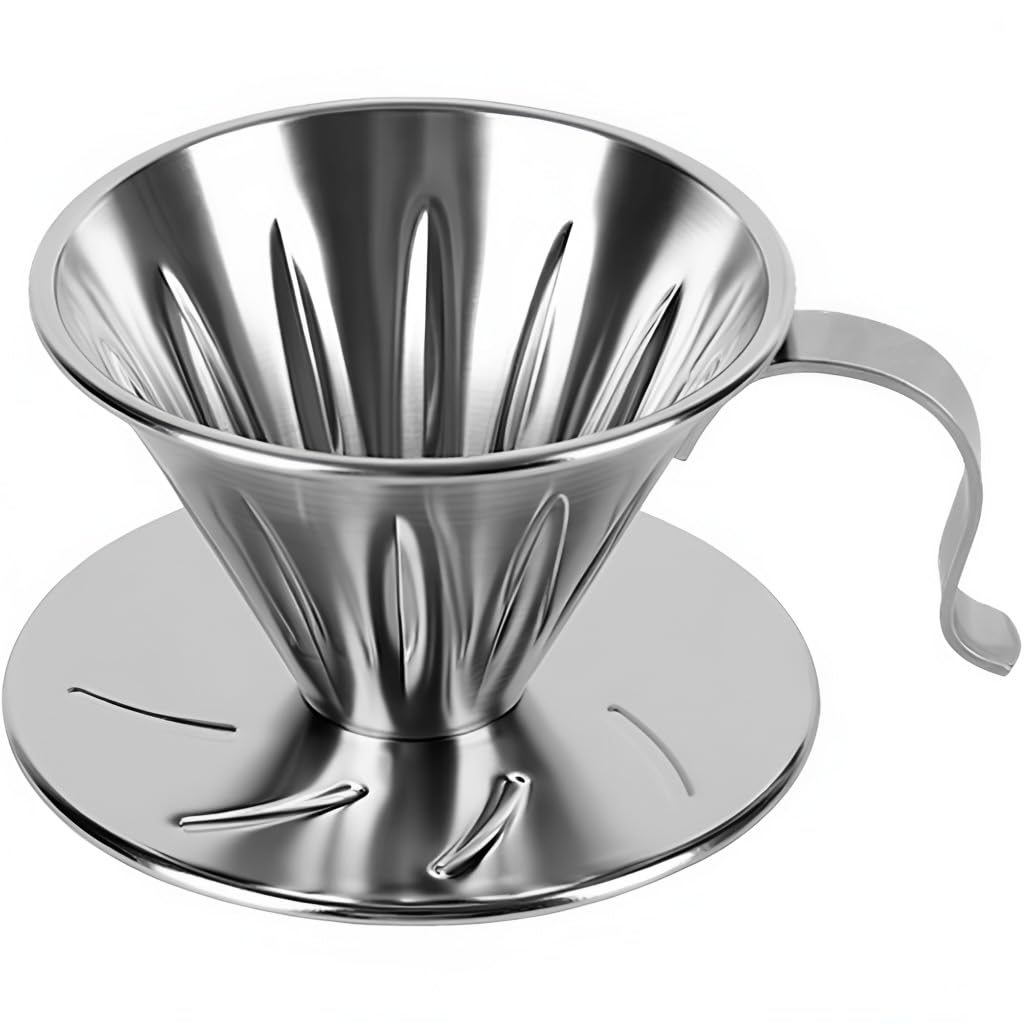 HASTHIP® V 60° Cone Stainless Steel Coffee Dripper, 3.6" Diameter, Reusable Coffee Filter Cup with Handle & Base Support Ring, Fine Mesh Pour Over Coffee Maker for Home, Cafe & Office