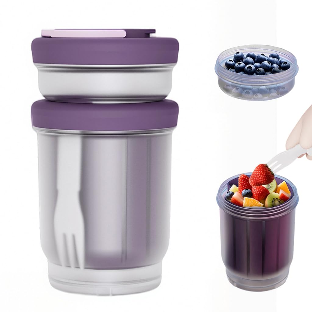 HASTHIP® Double Layer Salad Shaker Cup Spoon & Fork Set, 760ml Salad Cup with Top Dressing Cup, Nested Strainer & Handle, Food Grade PP Fruit Cup Snack Food Container