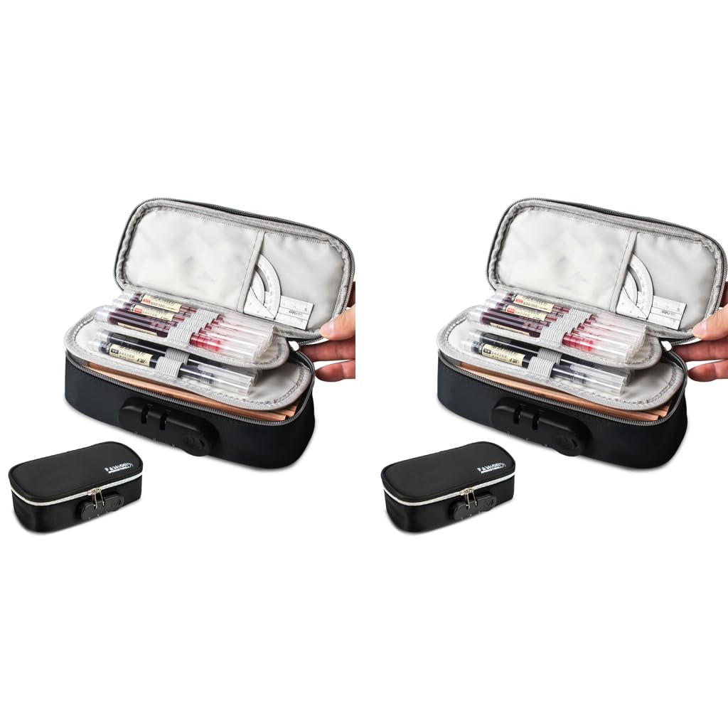 HASTHIP Canvas Pencil Case for School with 4 Layer Compartments and Combination Lock | Black 2PCS