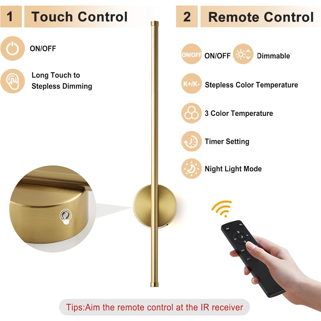 HASTHIP® Modern Wireless Wall Sconces with Rechargeable Battery, Dimmable LED Light with Remote Control, 3 Color Temperatures, 350° Rotation, 6000mAh Long Battery Life, Gold 23.6in for