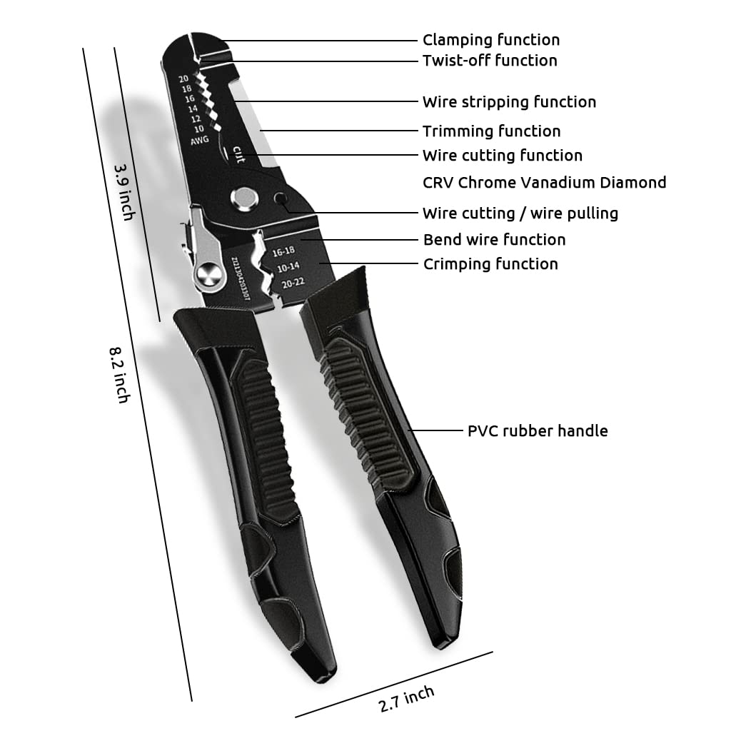 Multipurpose Wire Cutter and Stripper Tool Durable Carbon Steel Ergonomic Grip 10-22 AWG for Electricians & DIY with Safety Lock Crimping & Cutting Functions