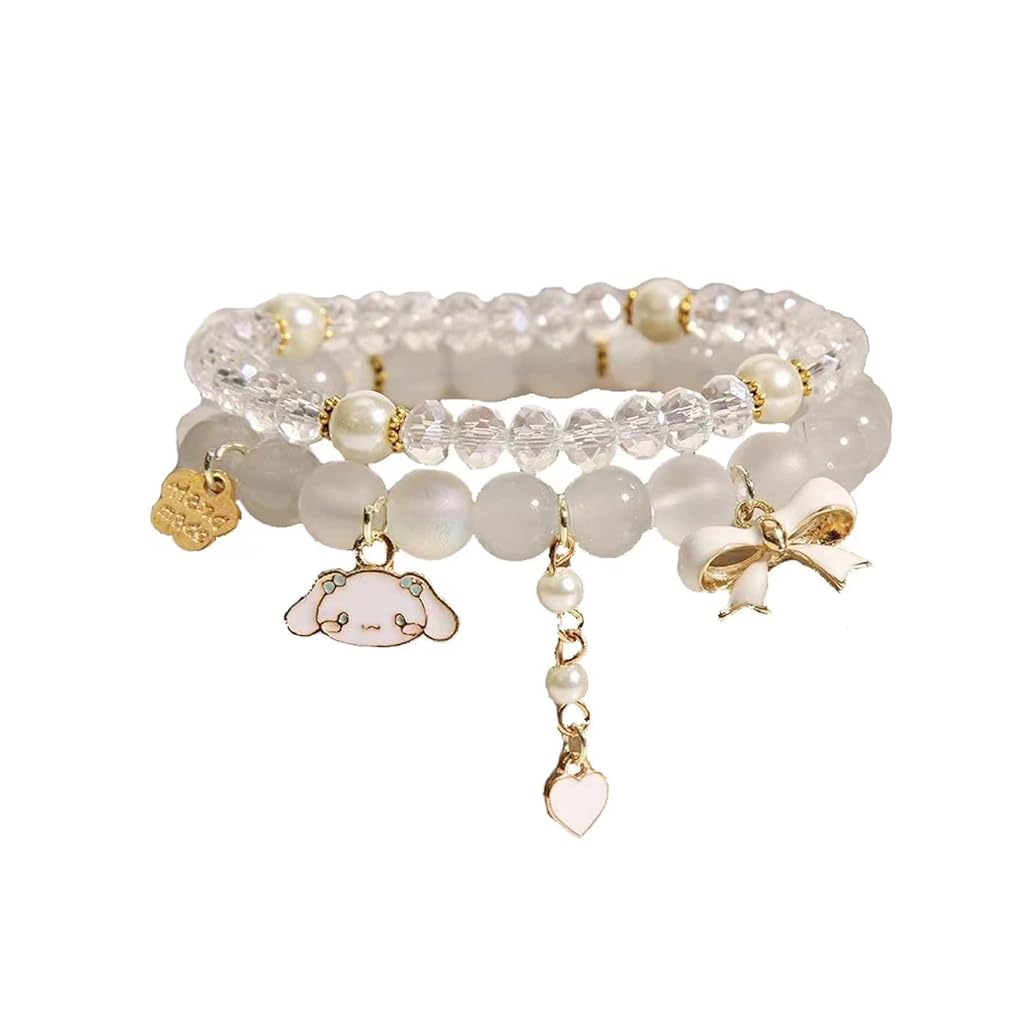 HASTHIP® 2pcs Crystal Bead Bracelet for Woman Girls Cinnamoroll Charm Friendship Bracelet for Girls, Dual Layered Cartoon Beige Elastic Bracelet for Women Girls Teens Birthday Christmas Gift