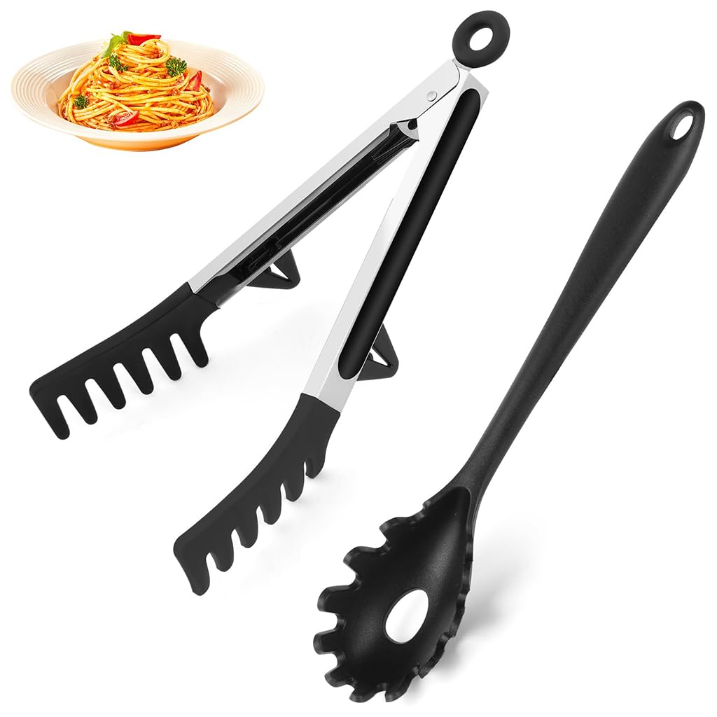 HASTHIP Silicone Spaghetti Spoon and Pasta Tong Set for Serving Noodles with 11 in Handles | Easy to Clean Server