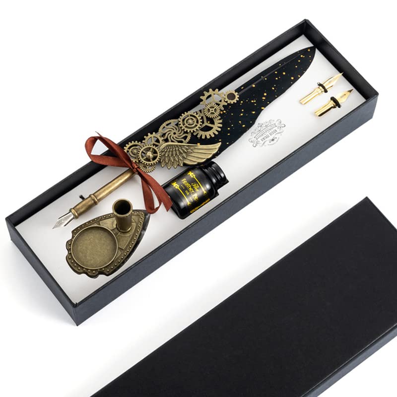 HASTHIP Quill Pen Set for Calligraphy with Blue or Black Ink featuring 2 Nibs Holder | Vintage Gift 3PCS