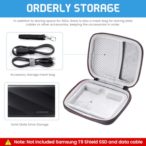 HASTHIP® Hard Carrying Case for Samsung T9 Portable Solid State Drives 1TB 2TB 4TB Storage Case for Solid State Drive EVA Waterproof SSD Travel Bag Accessory Bag with Handstrap, No SSD Included, Black