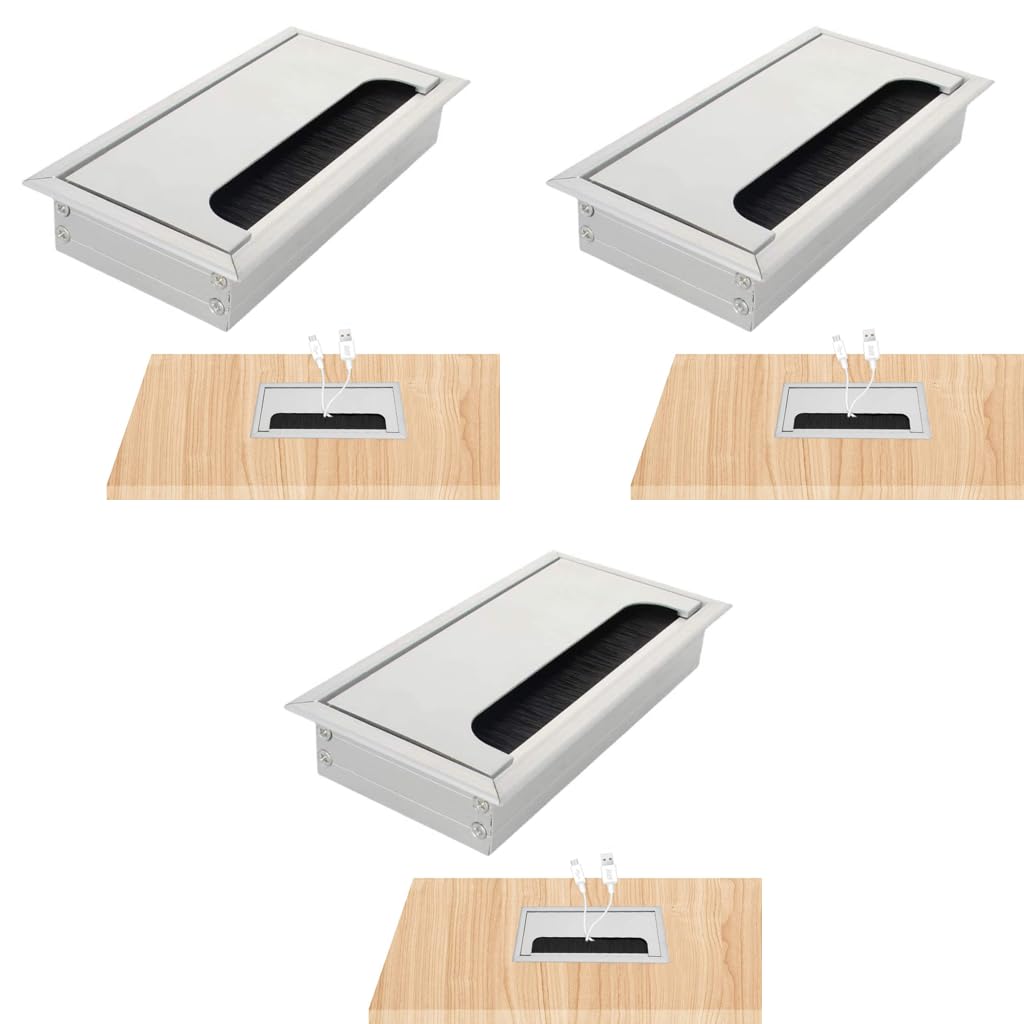HASTHIP Rectangular Wire Cable Hole Cover for Office Desk with Dust Proof Brush 160mm×80mm Silver 3PCS