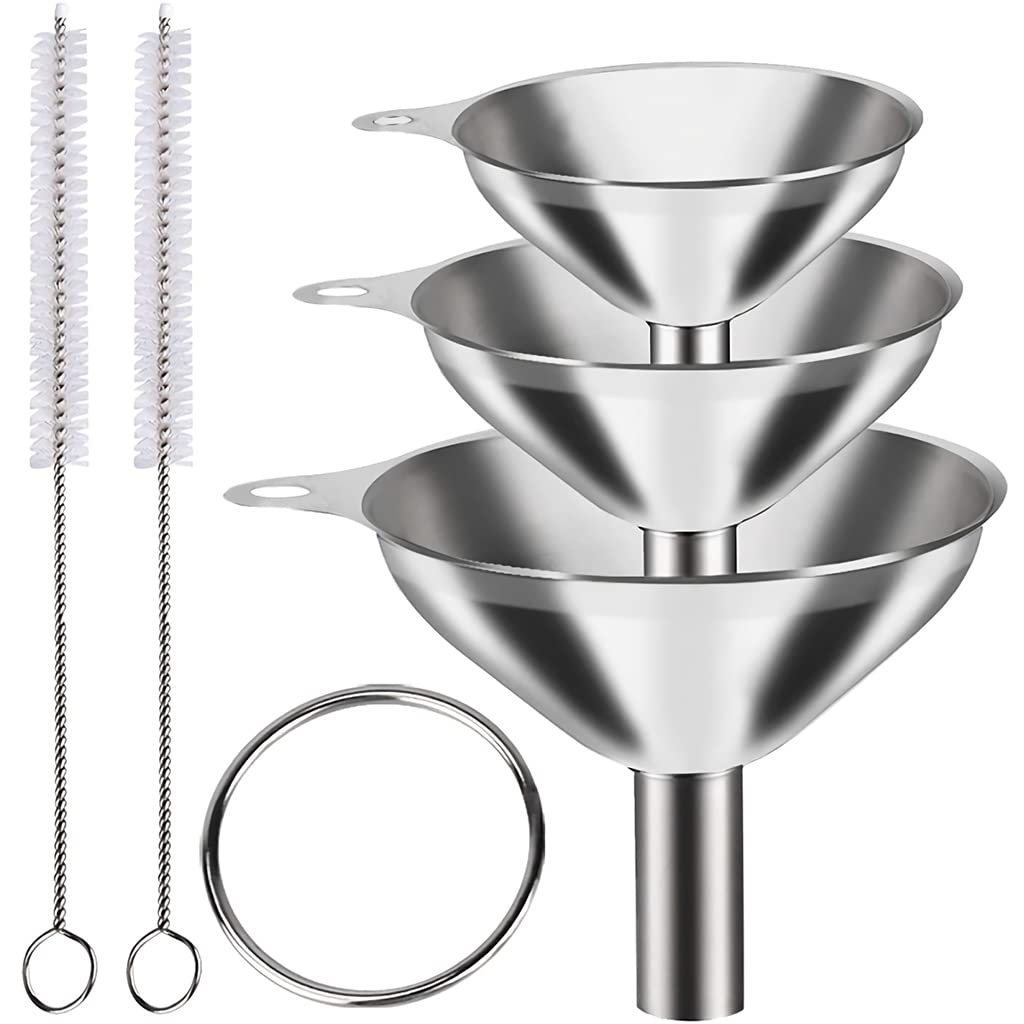 HASTHIP metal stainless steel funnel set of 3 with 2 cleaning brushes 0.24–0.47in nozzles for kitchen use | food grade stackable design