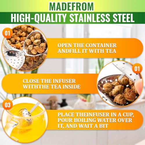 HASTHIP® 4Pcs Stainless Steel Tea Infuser Strainer Set,Fine Mesh Loose Leaf Tea Filter with Hooked Chain,Heart-Shaped Strainer for Cup Food Grade Herbal Steeper Reusable Travel Accessory