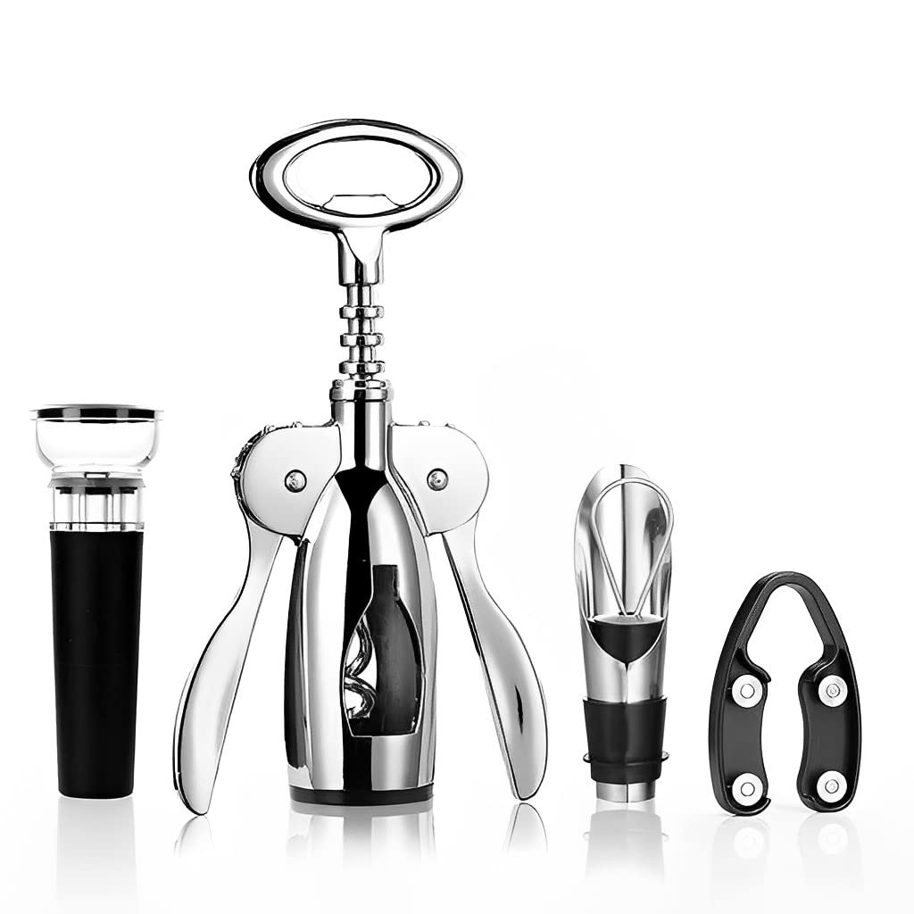 HASTHIP Wine Opener Set for Kitchen and Bar with 4 pcs Stainless Steel Tools | Corkscrew Foil Cutter Aerator and Stopper