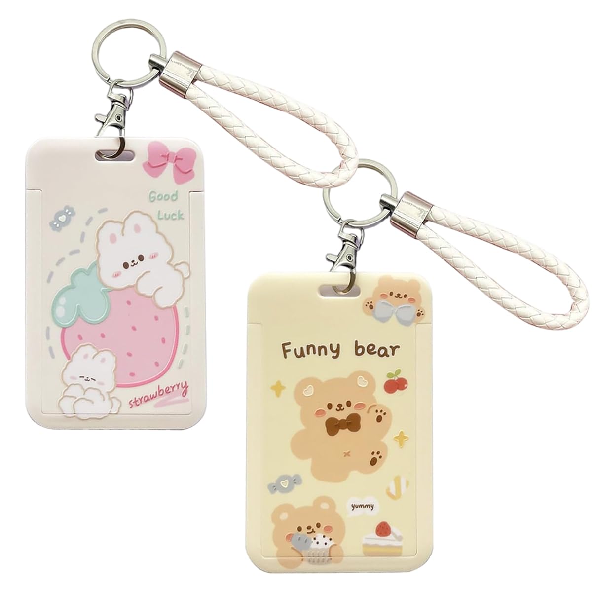HASTHIP® Soporte de Tarjeta de Identificación con Cordón y Llavero,Estuche Acrílico Transparente Kawaii con Diseño Conejo y Oso,Funda Universal para Credenciales Escolares Oficina o