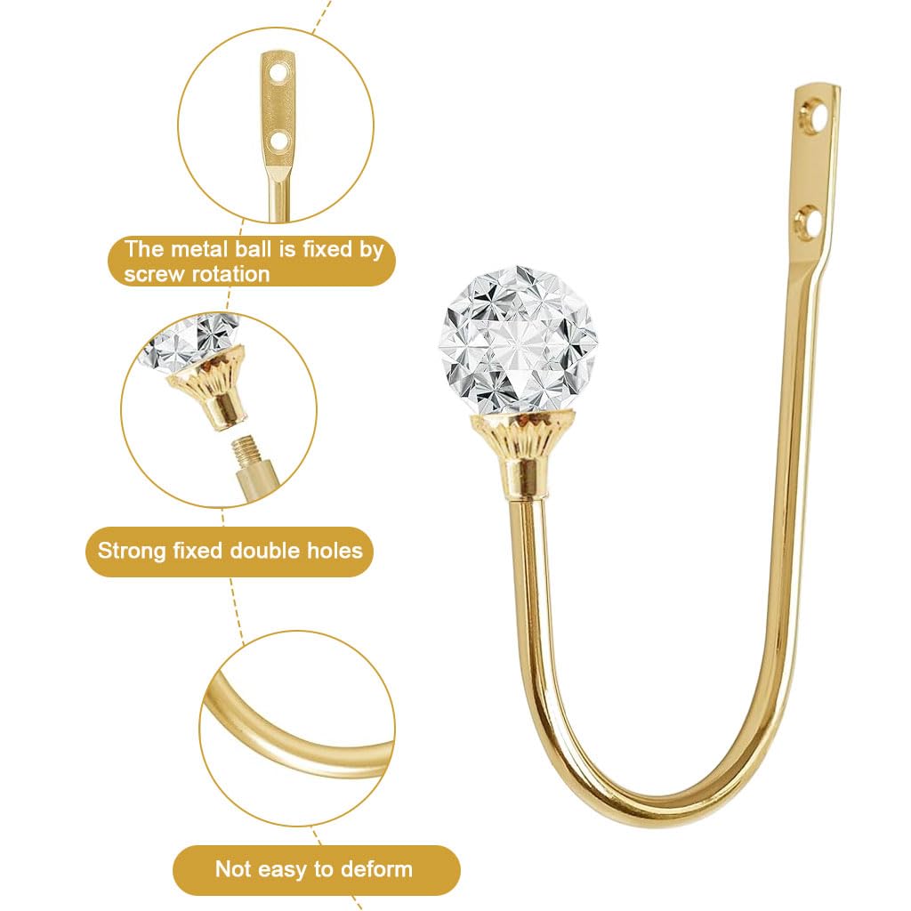 HASTHIP Curtain Holdback Wall Hooks for Drapery featuring Acrylic Crystal Ball Tips | Golden Aluminum Alloy 2Pcs Set
