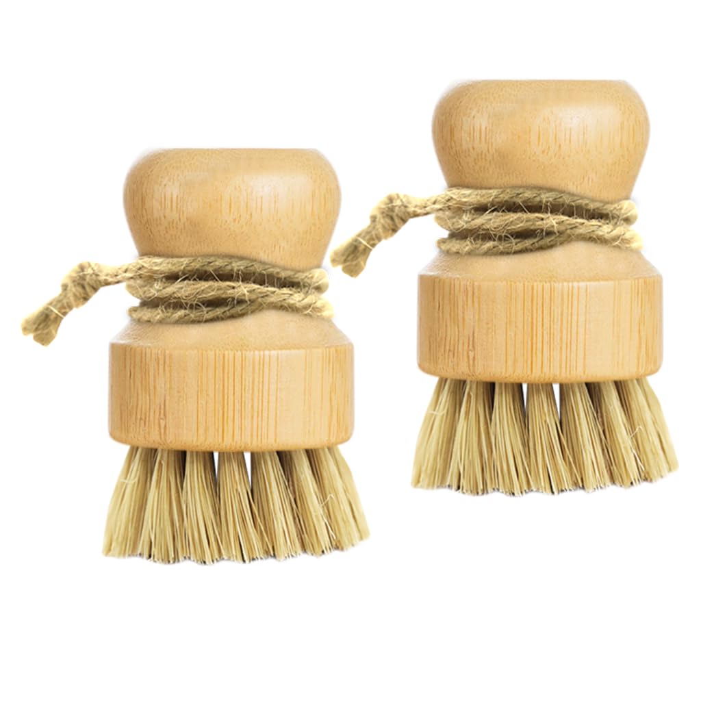 HASTHIP® Bamboo Dish Brush Set of 2 – Natural Sisal & Coconut Bristle Scrub Brushes with Wooden Round Handle for Pots, Pans, Cast Iron, Dishes & Kitchen Cleaning