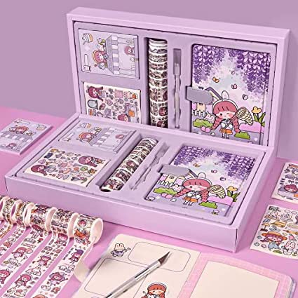 Cartoon Scrapbook Kit Gift Set Cute Theme Notebook Washi Tape Stickers Set Aesthetic Decorative Sticker Set for Bullet Journal, Scrapbook,Junk Journal, Paper