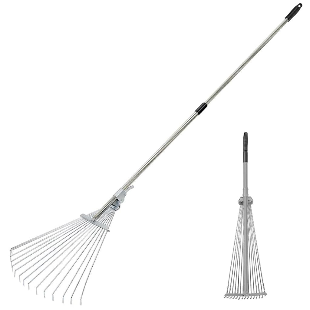 HASTHIP Retractable Garden Leaf Rake for Lawn and Yard featuring 77–165cm Handle & 15 Tines