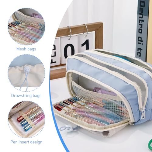 HASTHIP® 3-Layer Aesthetic Pencil Pouch for Girls, Large Capacity School Stationery Organizer, Soft Cloth Zipper Bag with Multi Compartments, Cute Gift, 21x13x10cm