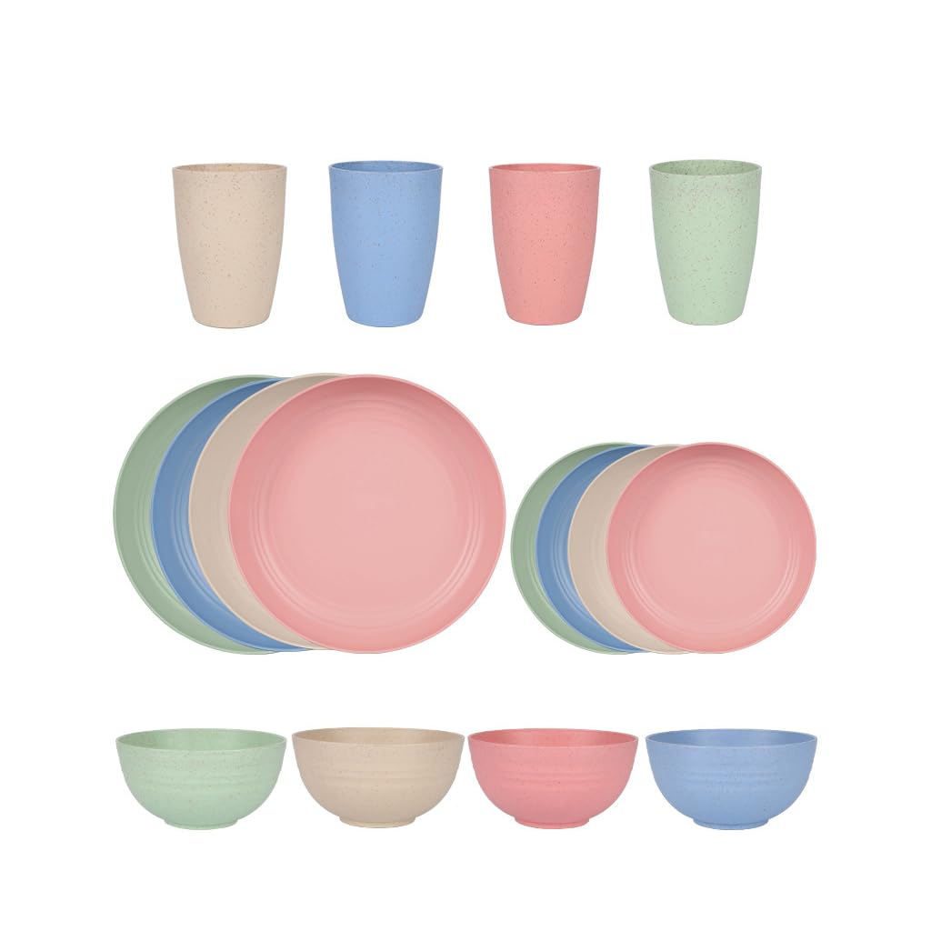 HASTHIP Dinnerware Set for 4 with 16 Pieces featuring Unbreakable Wheat Straw Material | Microwave and Dishwasher Safe