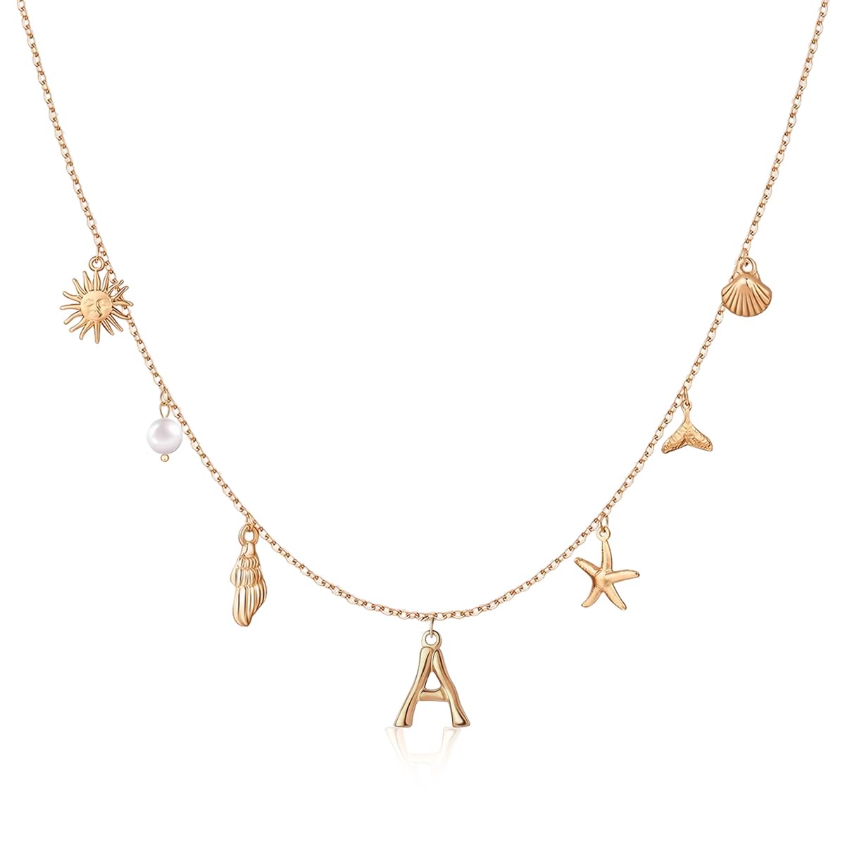 HASTHIP® Collar Choker Boho Ajustable para Mujer y Niña,Cadena Dorada con Colgante de Estrella de Mar,Concha Perla y Letra Joyería Elegante Moda Regalo Ideal para Cumpleaños Navidad