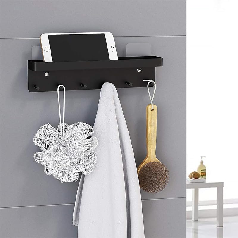 HASTHIP Wall Hook Rack for Entry and Kitchen with 6 Hooks and 9.65×2.28×1.7 in Shelf | Matt Black Stainless Steel