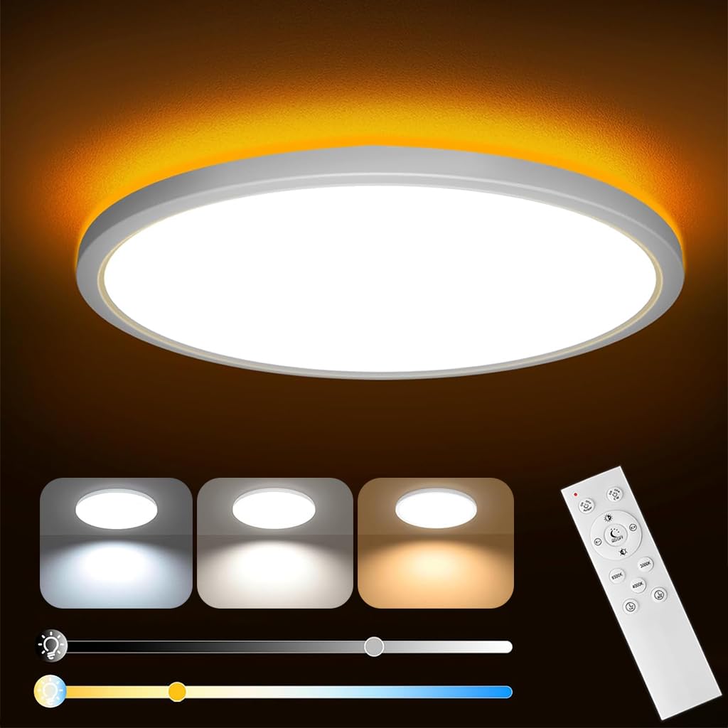 HASTHIP® Lámpara de Techo LED 12'' Plástica con Mando a Distancia,24W Regulable 3000K-6500K,Luz de Noche 1800K 2800lm Blanca Luz Techo Redonda para Dormitorio Salón Cocina y Baño