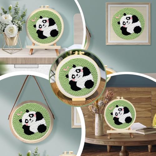HASTHIP® DIY Tufting Art Craft Kit 20x20CM Punch Needle Embroidery Kit for Beginners, Cute Panda Design, Complete DIY Hoop Set with Needles, Thread & Instructions, Ideal Gift for Kids & Adults