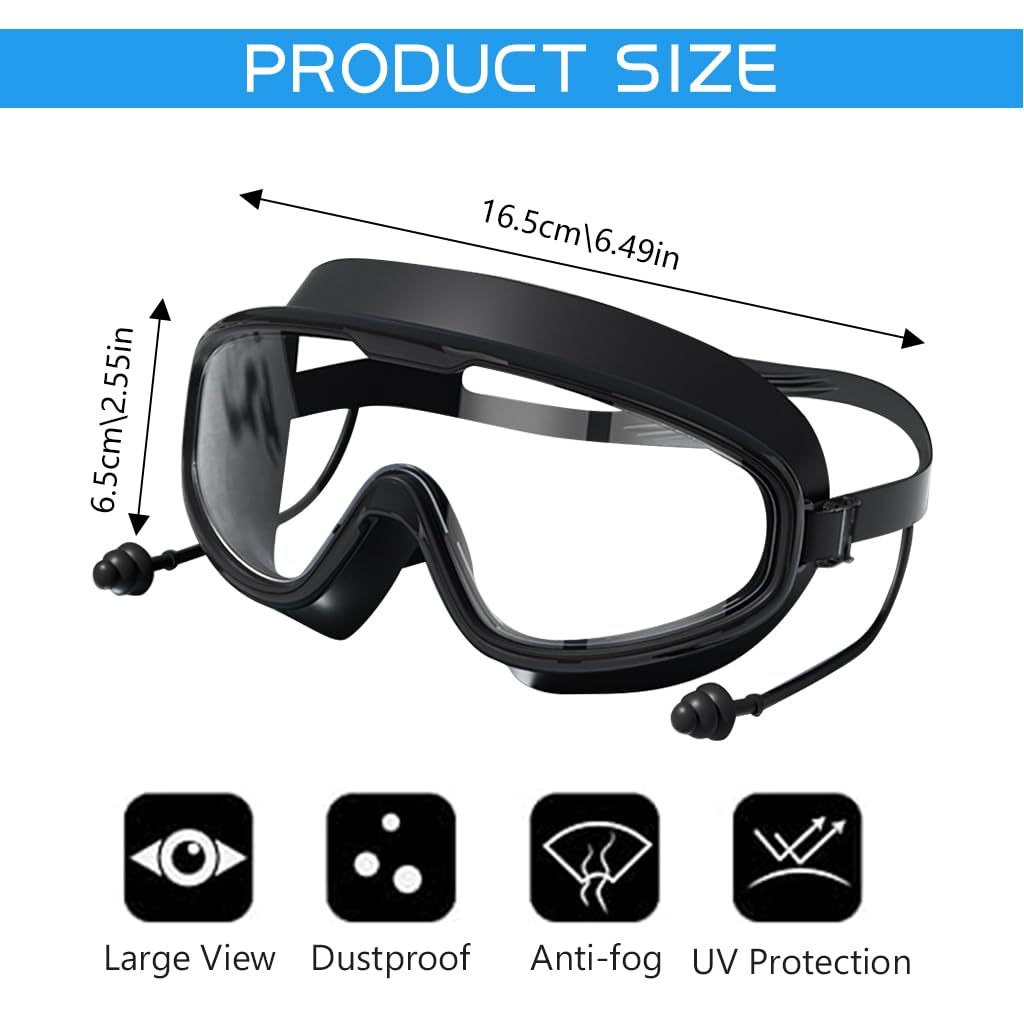 Proberos® Adult Swim Goggles, Big Frame Competition Professional Swim Goggles Swimming with Waterproof Earplugs, Leakproof Anti-fog UV Protection Diving Goggles for Surfing, Kayaking, Black