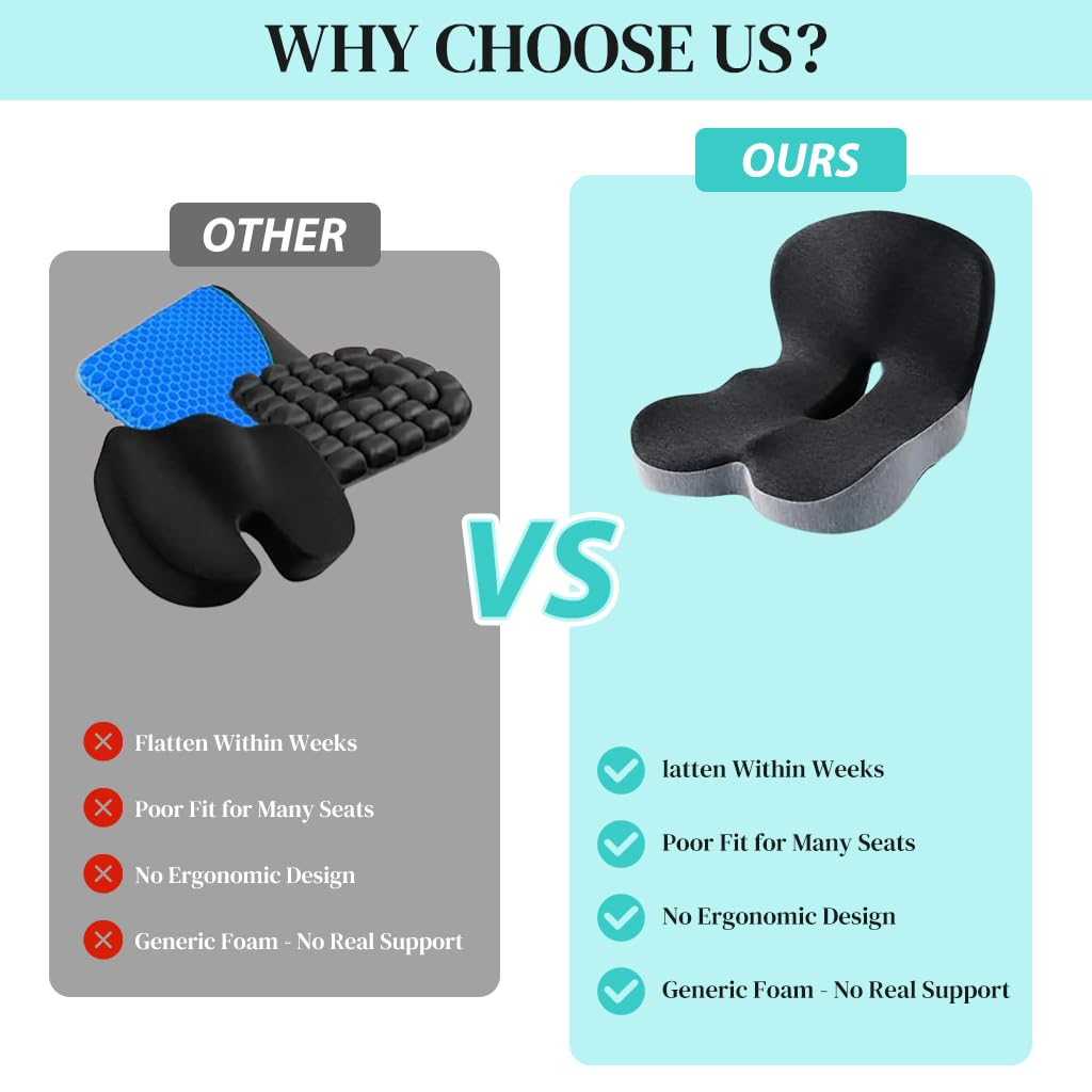 HASTHIP® Memory Foam Seat Cushion for Office Chair, Car & Truck, Ergonomic Coccyx & Tailbone Pain Relief Cushion with Lumbar Back Support, Non-Slip Large Chair Pad for Long Sitting - Dark