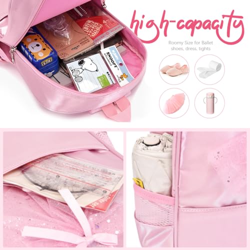 HASTHIP® Girls Backpack, Pink Ballet Dress School Bag, Waterproof Nylon Bookbag for Kids, Cute Dance Class Backpack with Zipper, Large Capacity Travel Bag, Birthday Christmas Gift for Girls Students