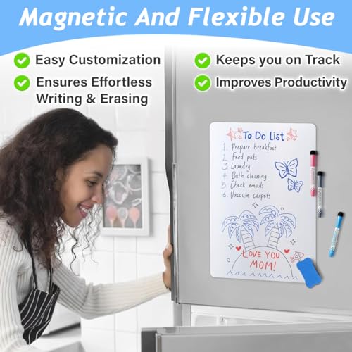 HASTHIP® 4 PCS Magnetic Whiteboard Sheets for Fridge 12x8 inch with 6 Dry Erase Markers & Eraser, Reusable Magnet Board for Refrigerator, Notes, Schedule & Kids Drawing