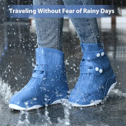 HASTHIP® Silicone Shoe Rain Cover for Men Waterproof Shoe Cover, Outdoor High Top Shoe Cover, Anti-slip Puncture Proof Sole Design Outdoor Shoe Rain Cover with Button Closure, US Size 7.5-9, Blue