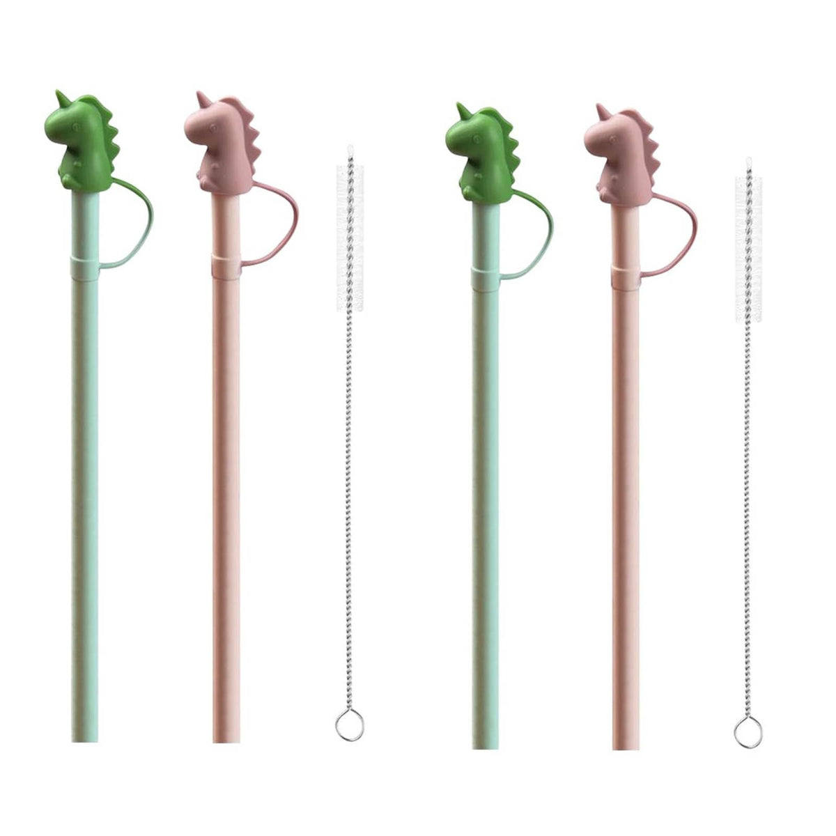 HASTHIP Silicone Straw Set for Water Bottles 12 in with Dino Cap and Cleaning Brush | BPA Free Reusable for Kids